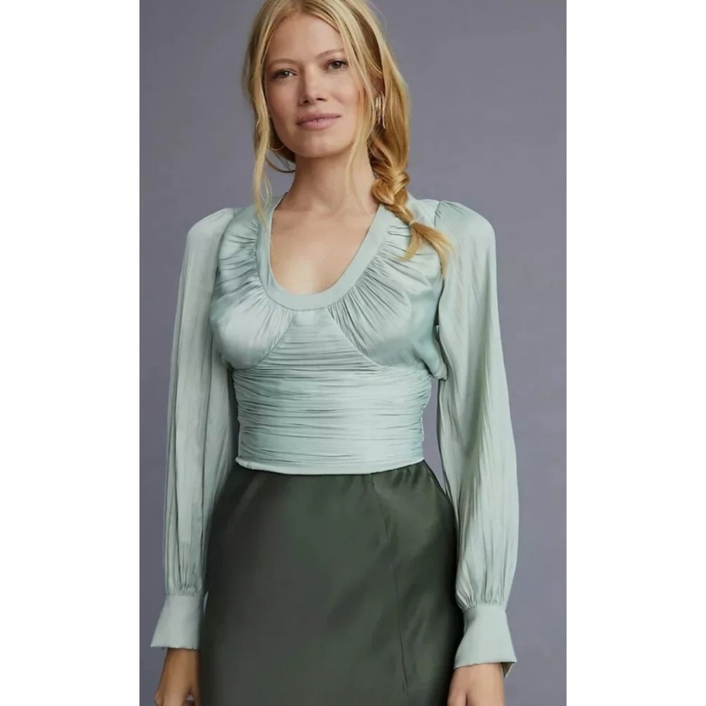 By Anthropologie Blouson-Sleeve Blouse Sage Green XXS